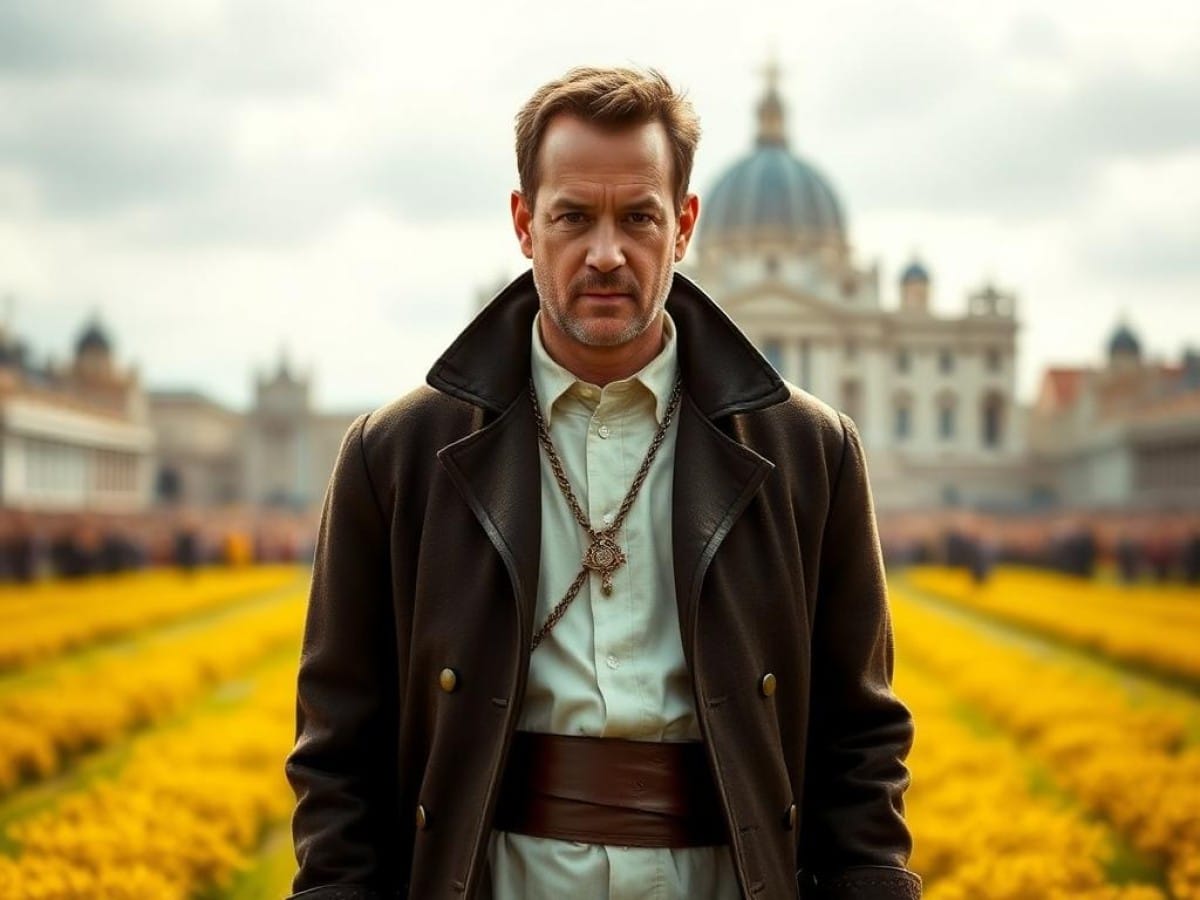 Tom Hanks looks down dramatically in a scene from Angels & Demons