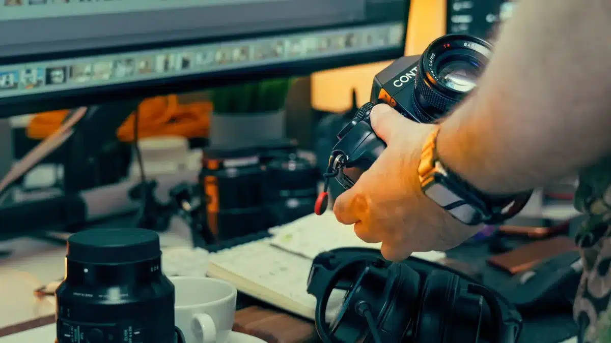 Young creative professional working at a desk with scripts and production materials in a modern studio setting