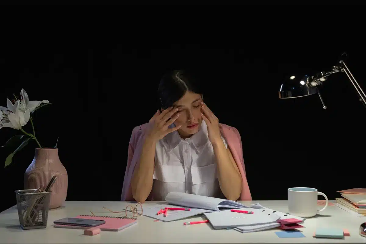 Overwhelmed professional working late at night in a high-pressure office environment, representing the toll of investmen