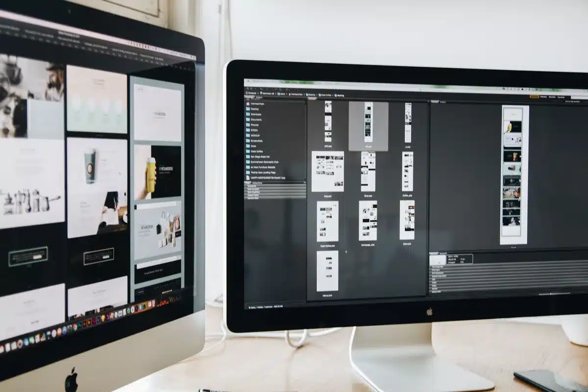 Animation studio with sketches, tablets, and storyboards on desks