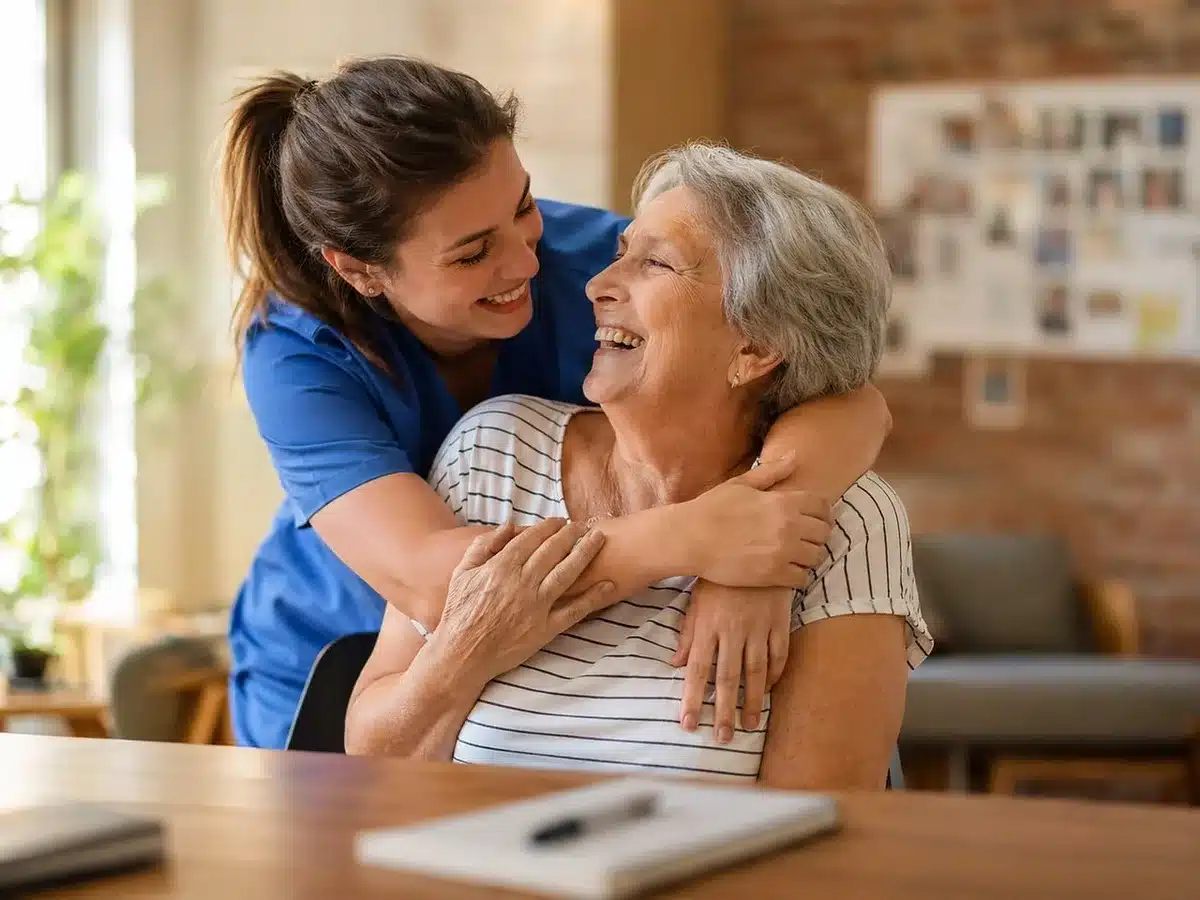 Caregiver helping an elderly woman with a meal at home