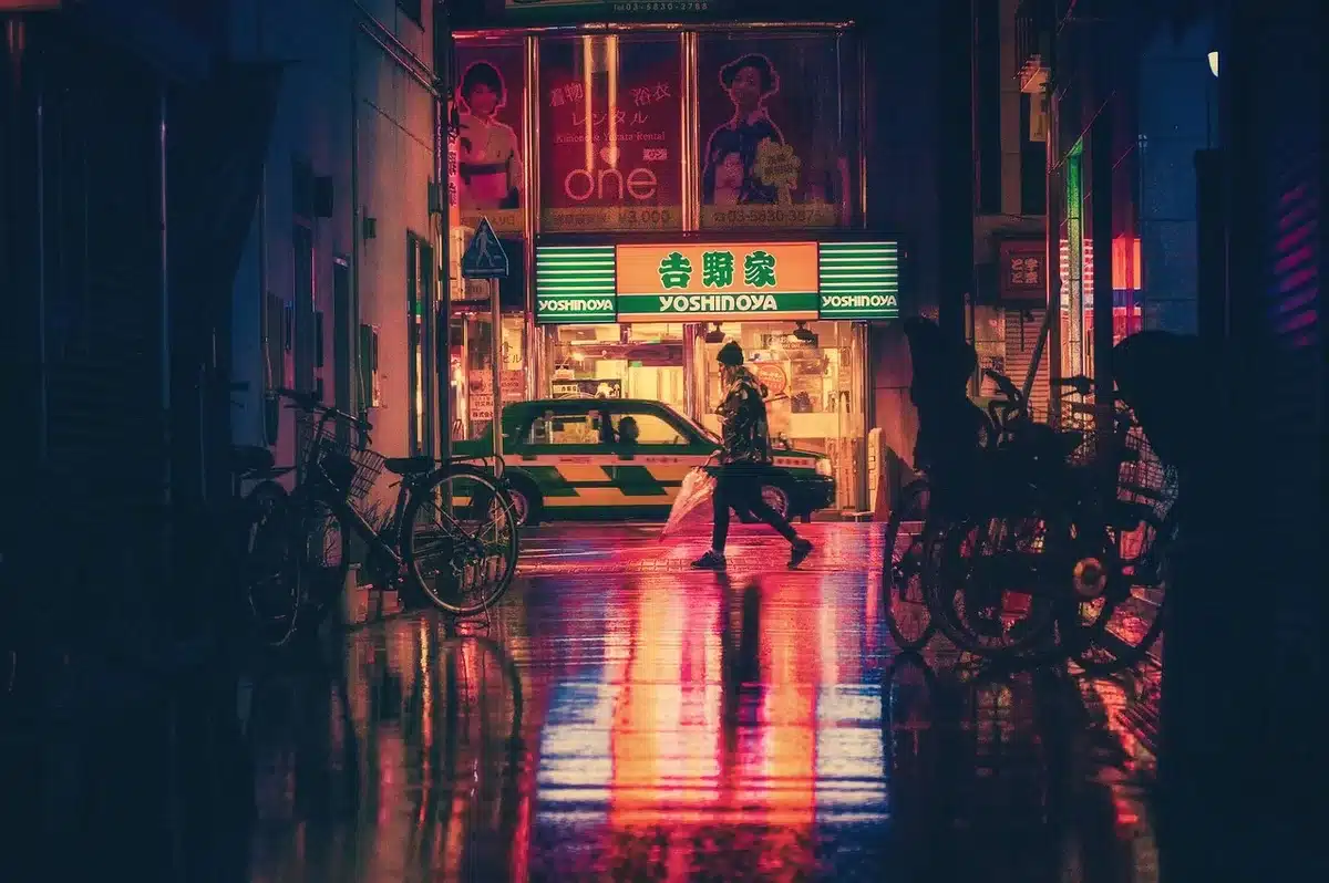 Shadowy figures representing organized crime in a dark alley